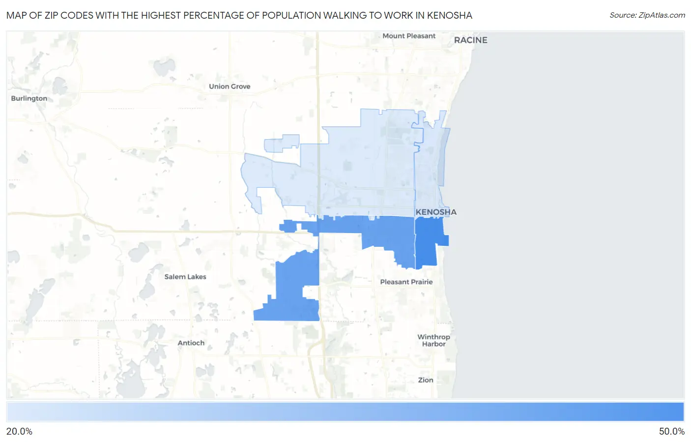 Zip Codes with the Highest Percentage of Population Walking to Work in Kenosha Map