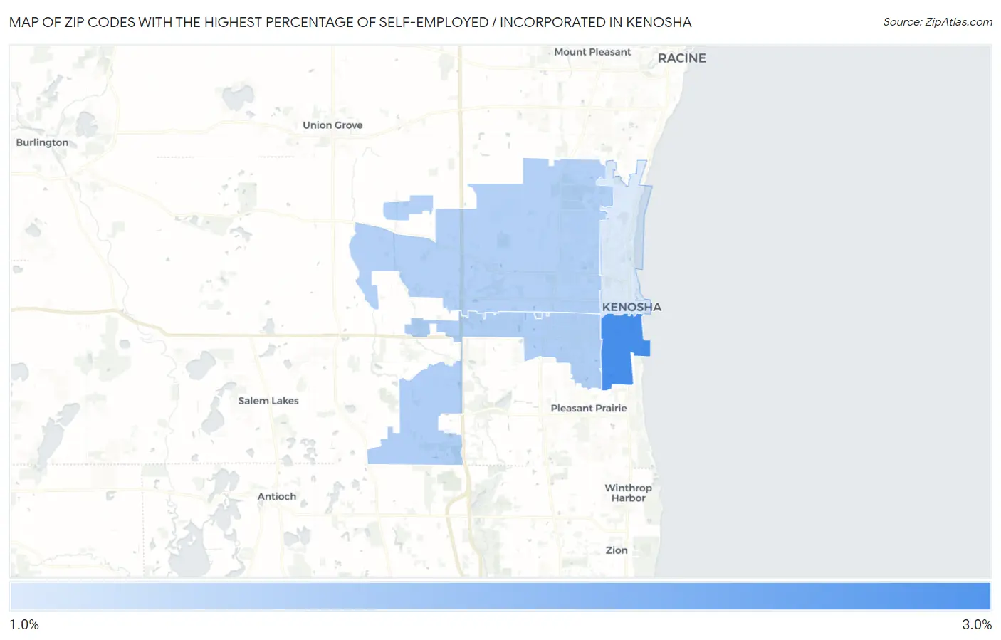 Zip Codes with the Highest Percentage of Self-Employed / Incorporated in Kenosha Map