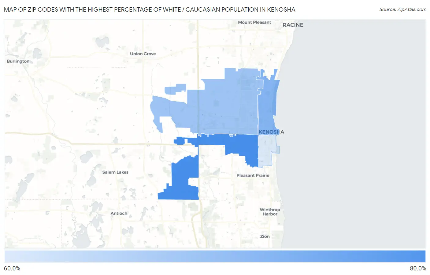 Zip Codes with the Highest Percentage of White / Caucasian Population in Kenosha Map