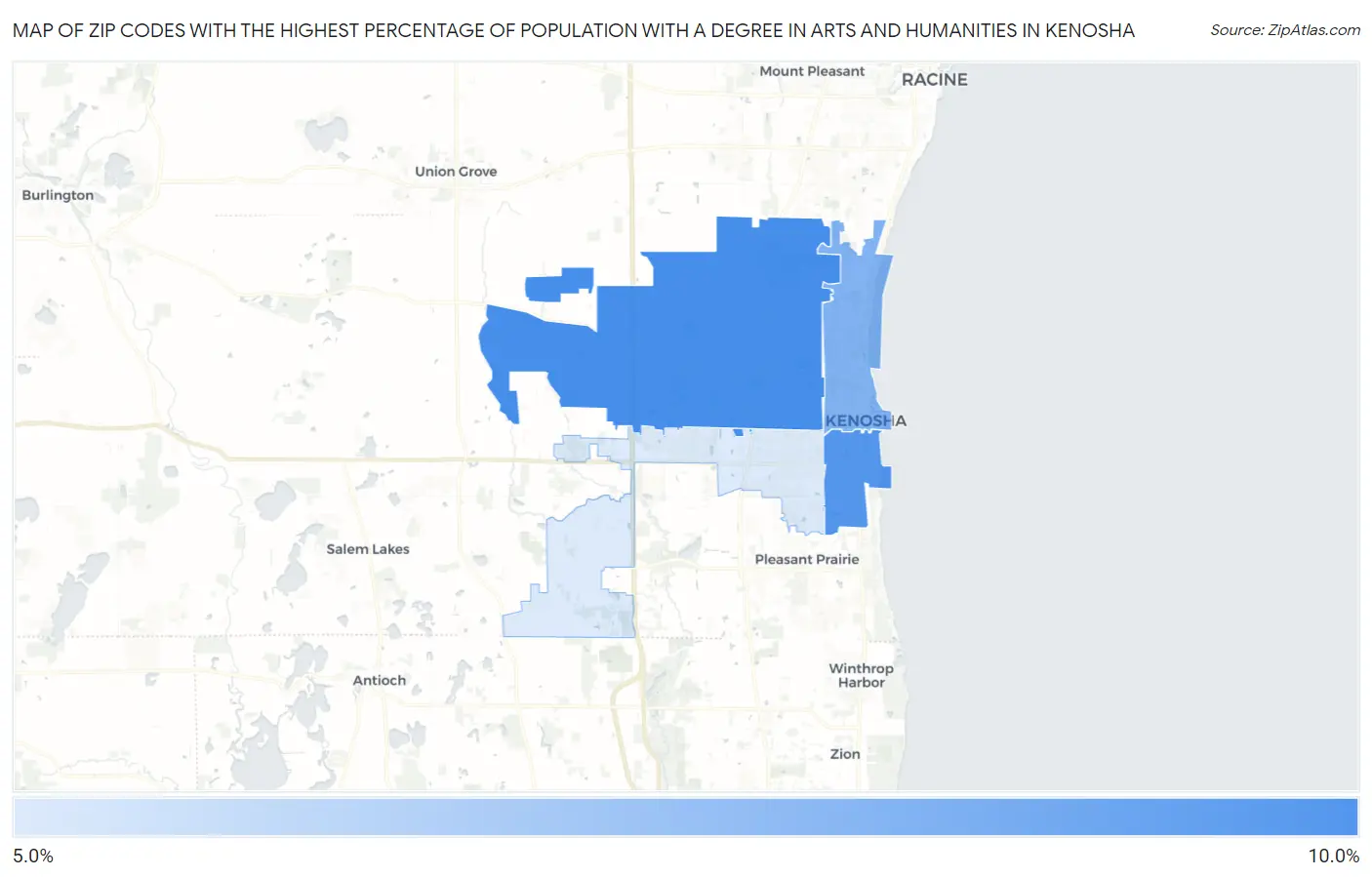 Zip Codes with the Highest Percentage of Population with a Degree in Arts and Humanities in Kenosha Map