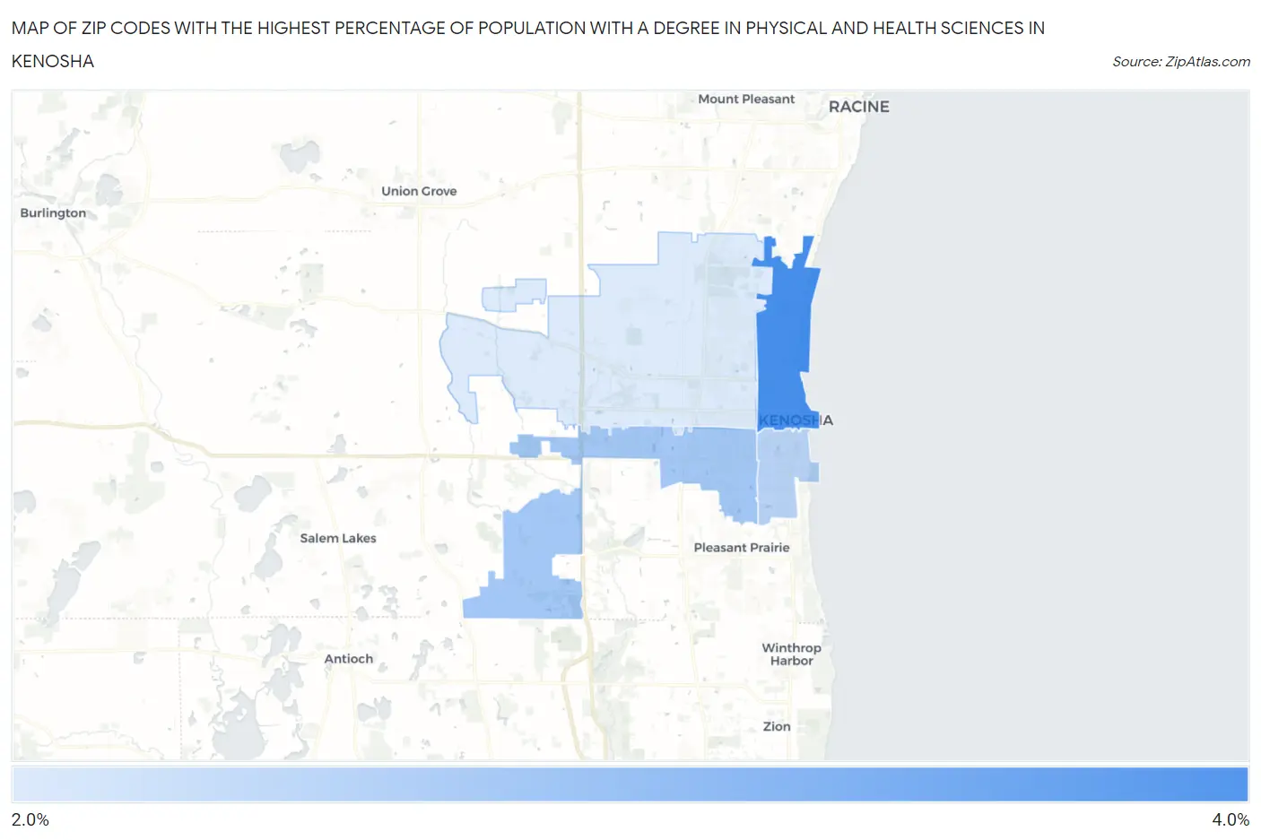 Zip Codes with the Highest Percentage of Population with a Degree in Physical and Health Sciences in Kenosha Map
