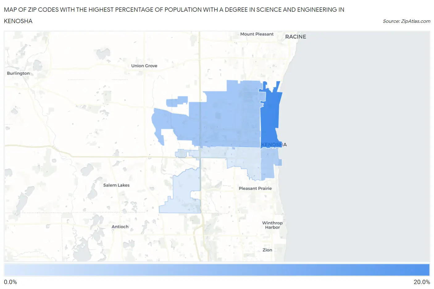 Zip Codes with the Highest Percentage of Population with a Degree in Science and Engineering in Kenosha Map