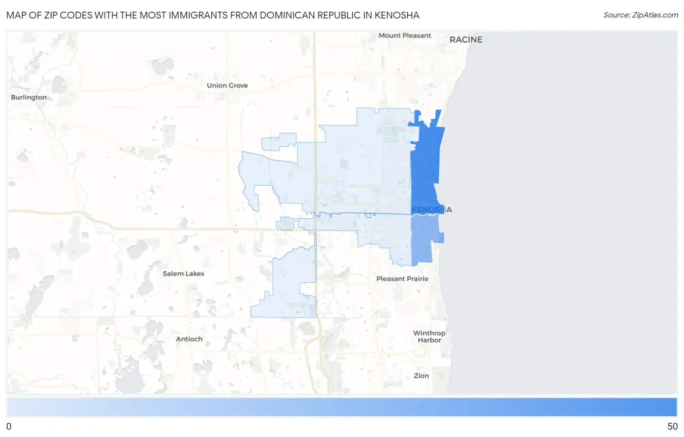 Zip Codes with the Most Immigrants from Dominican Republic in Kenosha Map