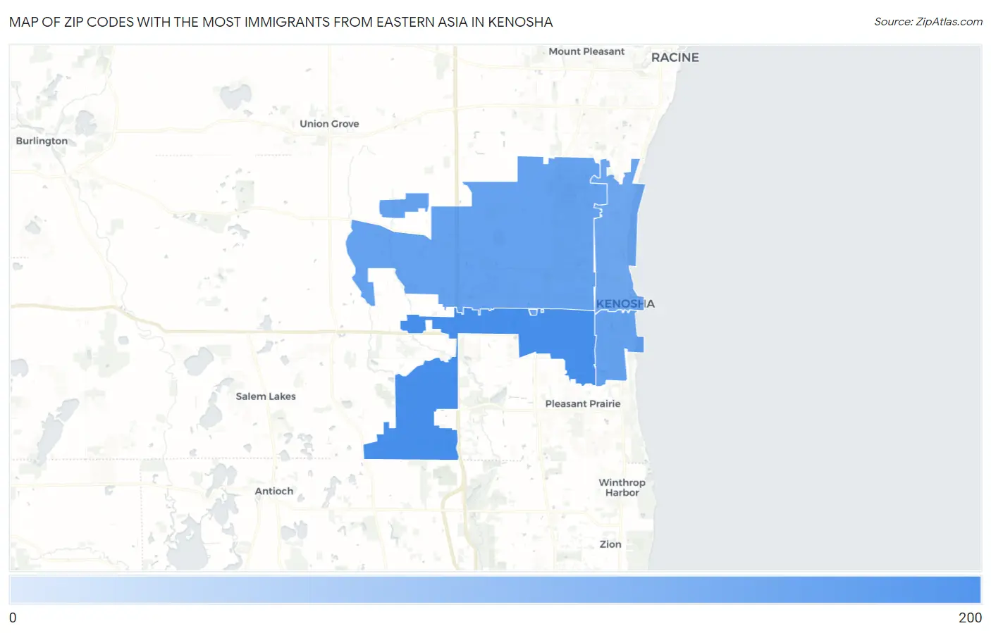 Zip Codes with the Most Immigrants from Eastern Asia in Kenosha Map
