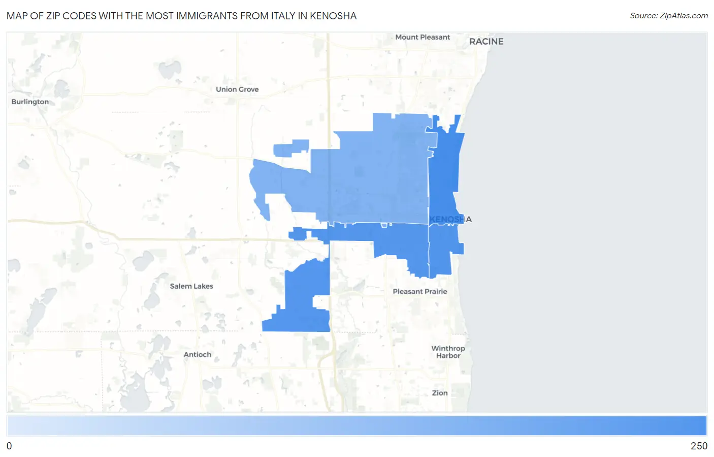 Zip Codes with the Most Immigrants from Italy in Kenosha Map