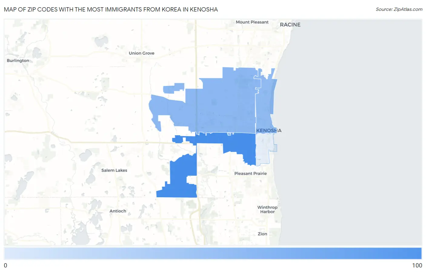 Zip Codes with the Most Immigrants from Korea in Kenosha Map