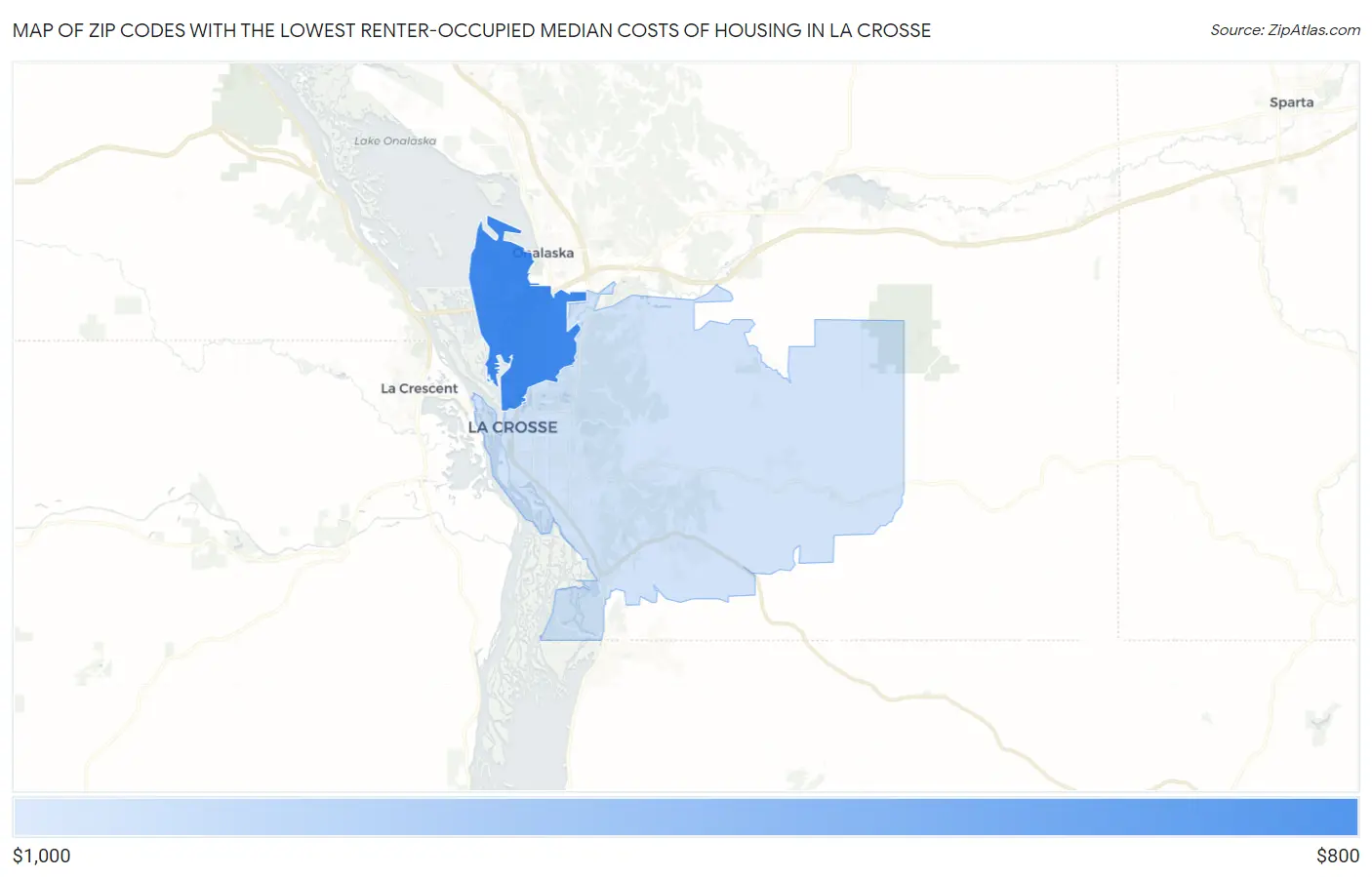 Zip Codes with the Lowest Renter-Occupied Median Costs of Housing in La Crosse Map