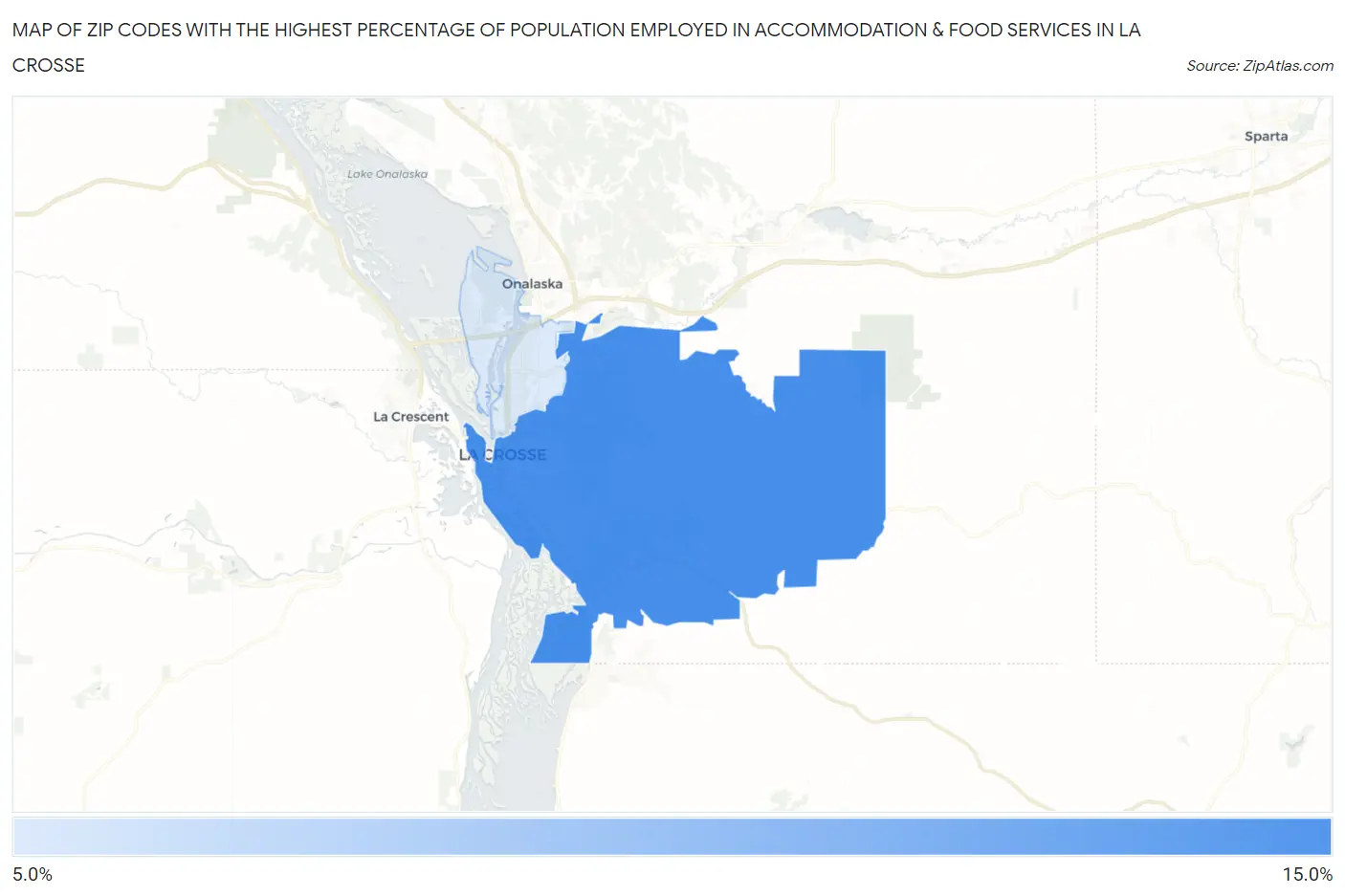 Zip Codes with the Highest Percentage of Population Employed in Accommodation & Food Services in La Crosse Map