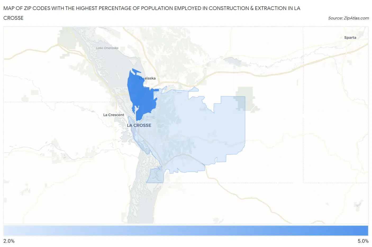 Zip Codes with the Highest Percentage of Population Employed in Construction & Extraction in La Crosse Map