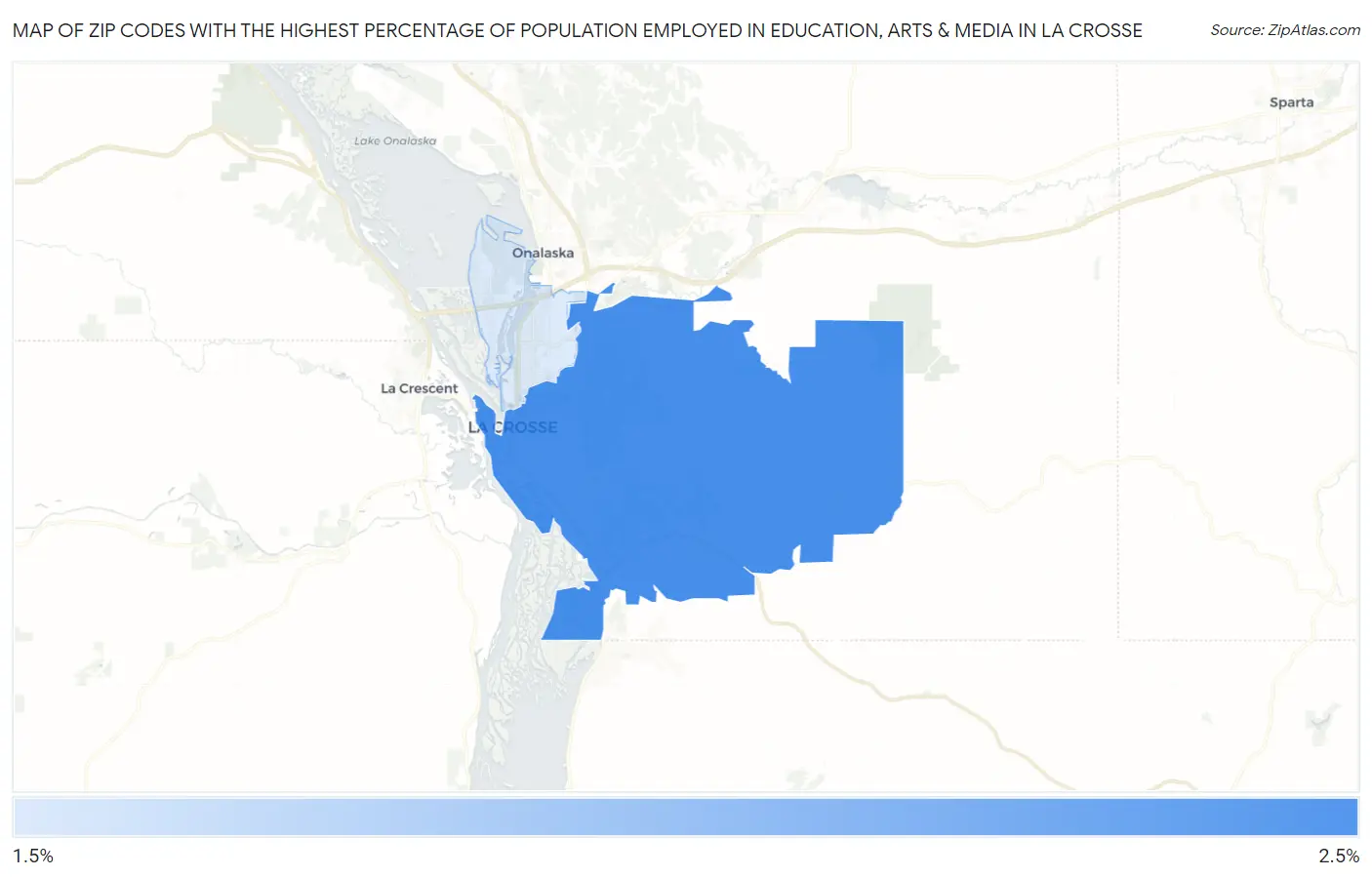 Zip Codes with the Highest Percentage of Population Employed in Education, Arts & Media in La Crosse Map