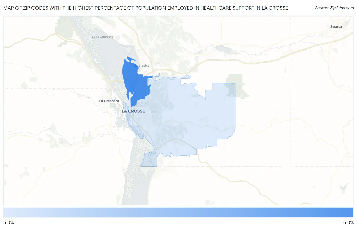 Zip Codes with the Highest Percentage of Population Employed in Healthcare Support in La Crosse Map