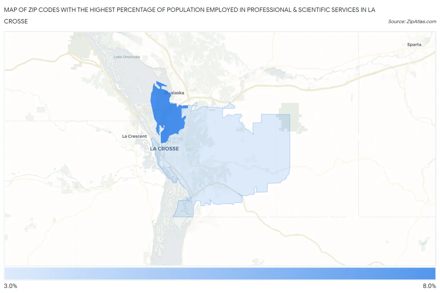 Zip Codes with the Highest Percentage of Population Employed in Professional & Scientific Services in La Crosse Map