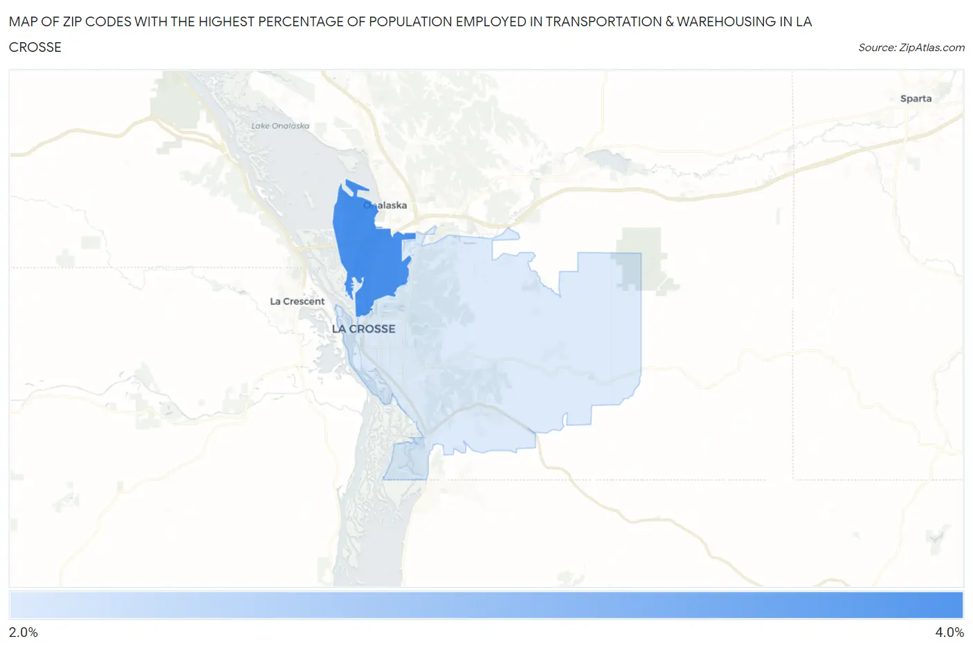 Zip Codes with the Highest Percentage of Population Employed in Transportation & Warehousing in La Crosse Map