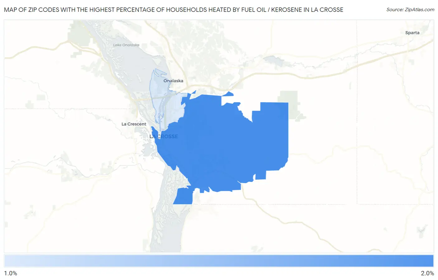 Zip Codes with the Highest Percentage of Households Heated by Fuel Oil / Kerosene in La Crosse Map