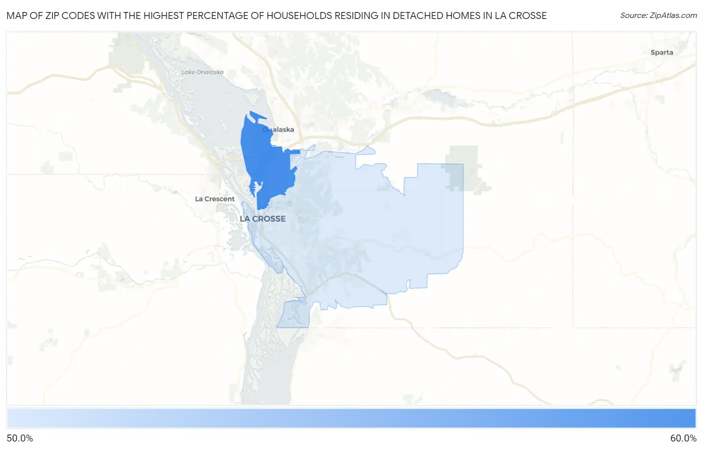 Zip Codes with the Highest Percentage of Households Residing in Detached Homes in La Crosse Map