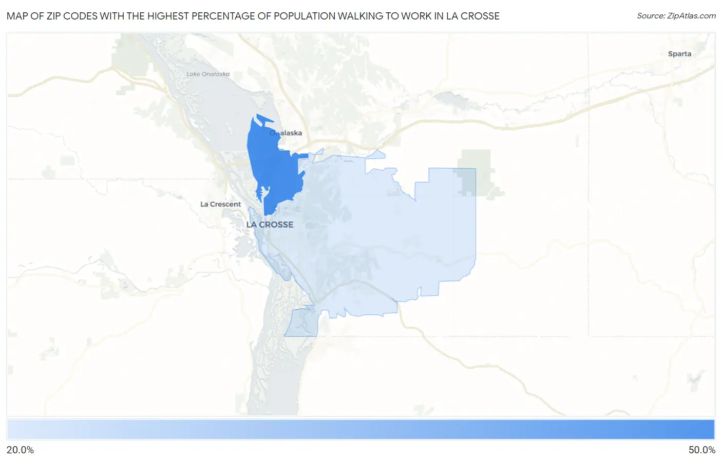 Zip Codes with the Highest Percentage of Population Walking to Work in La Crosse Map