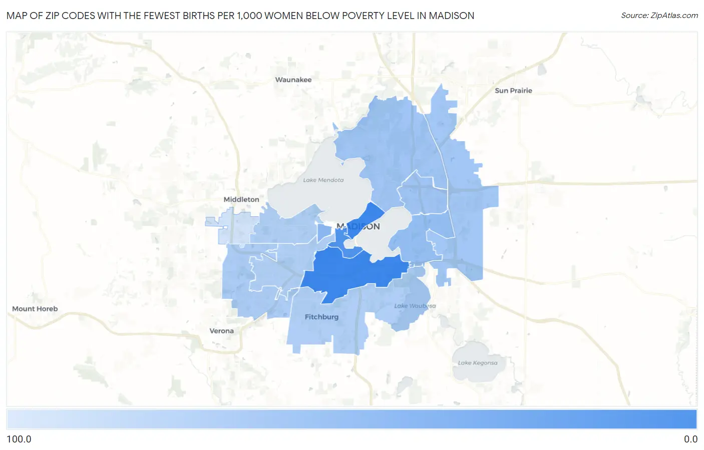 Zip Codes with the Fewest Births per 1,000 Women Below Poverty Level in Madison Map