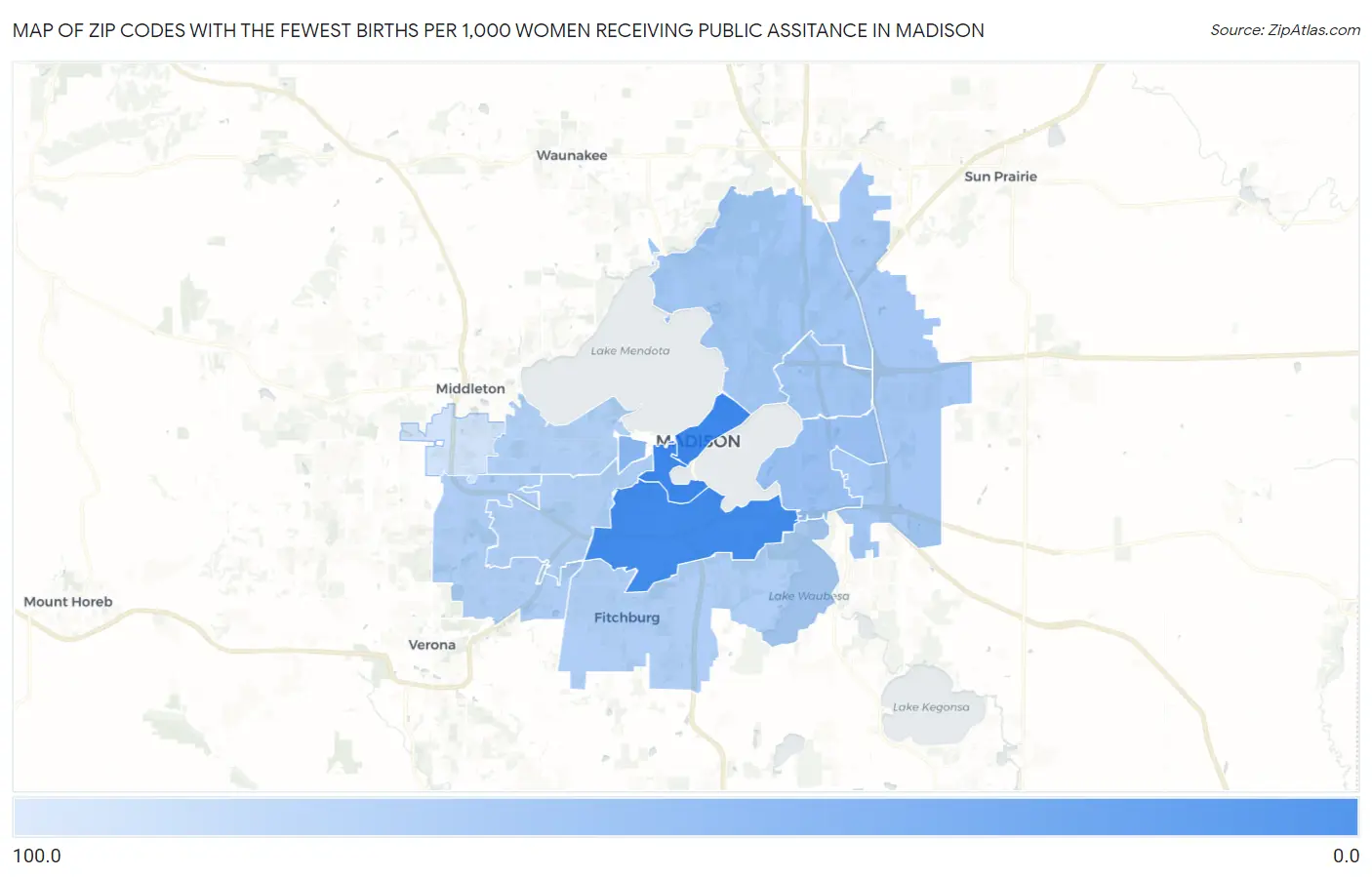 Zip Codes with the Fewest Births per 1,000 Women Receiving Public Assitance in Madison Map