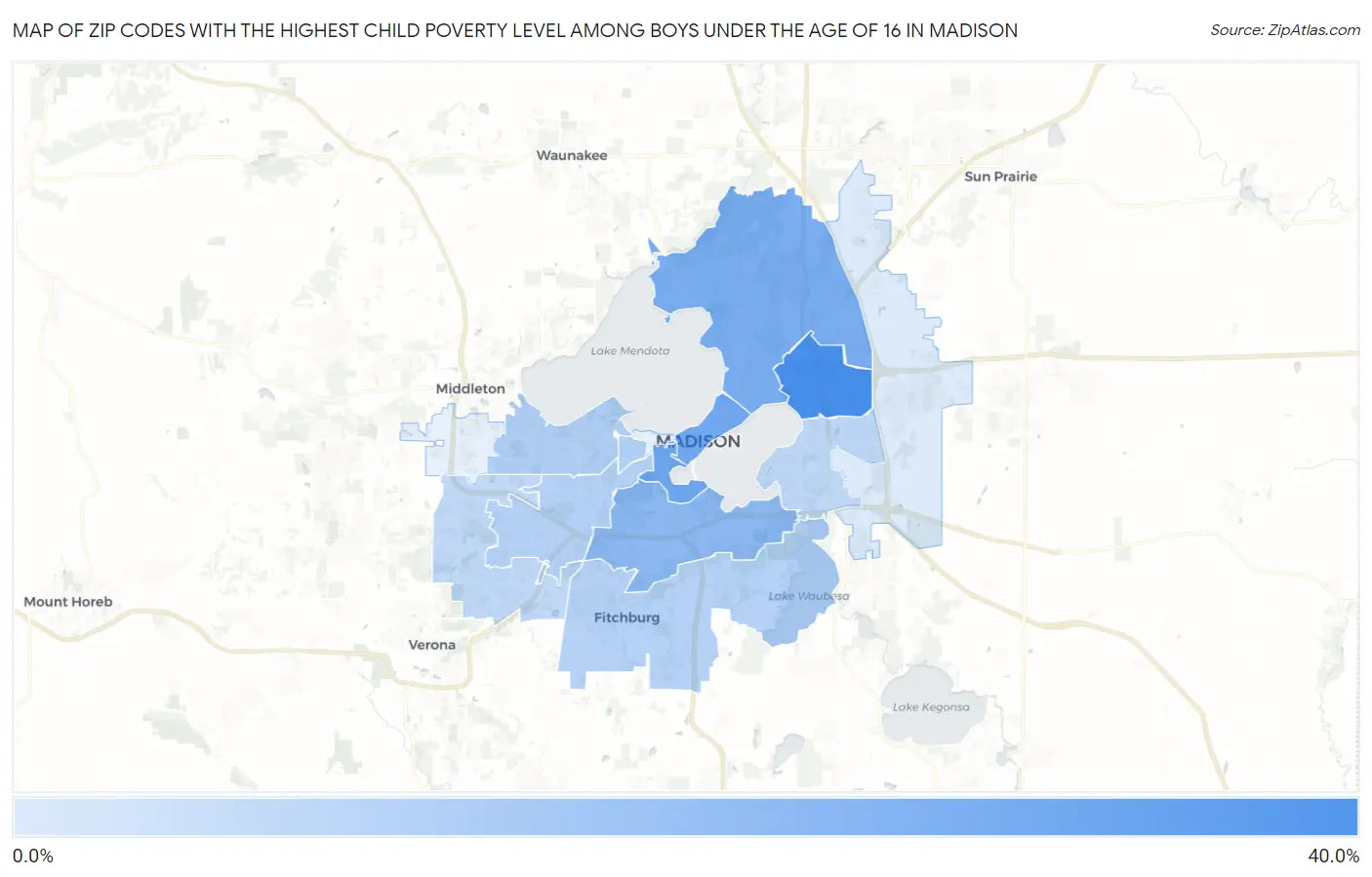 Zip Codes with the Highest Child Poverty Level Among Boys Under the Age of 16 in Madison Map