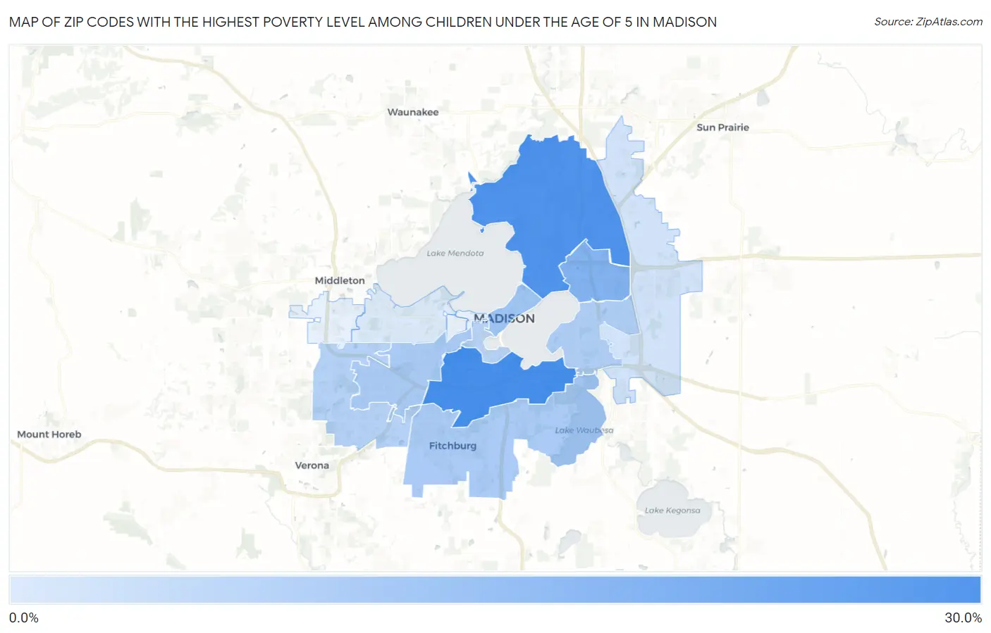 Zip Codes with the Highest Poverty Level Among Children Under the Age of 5 in Madison Map