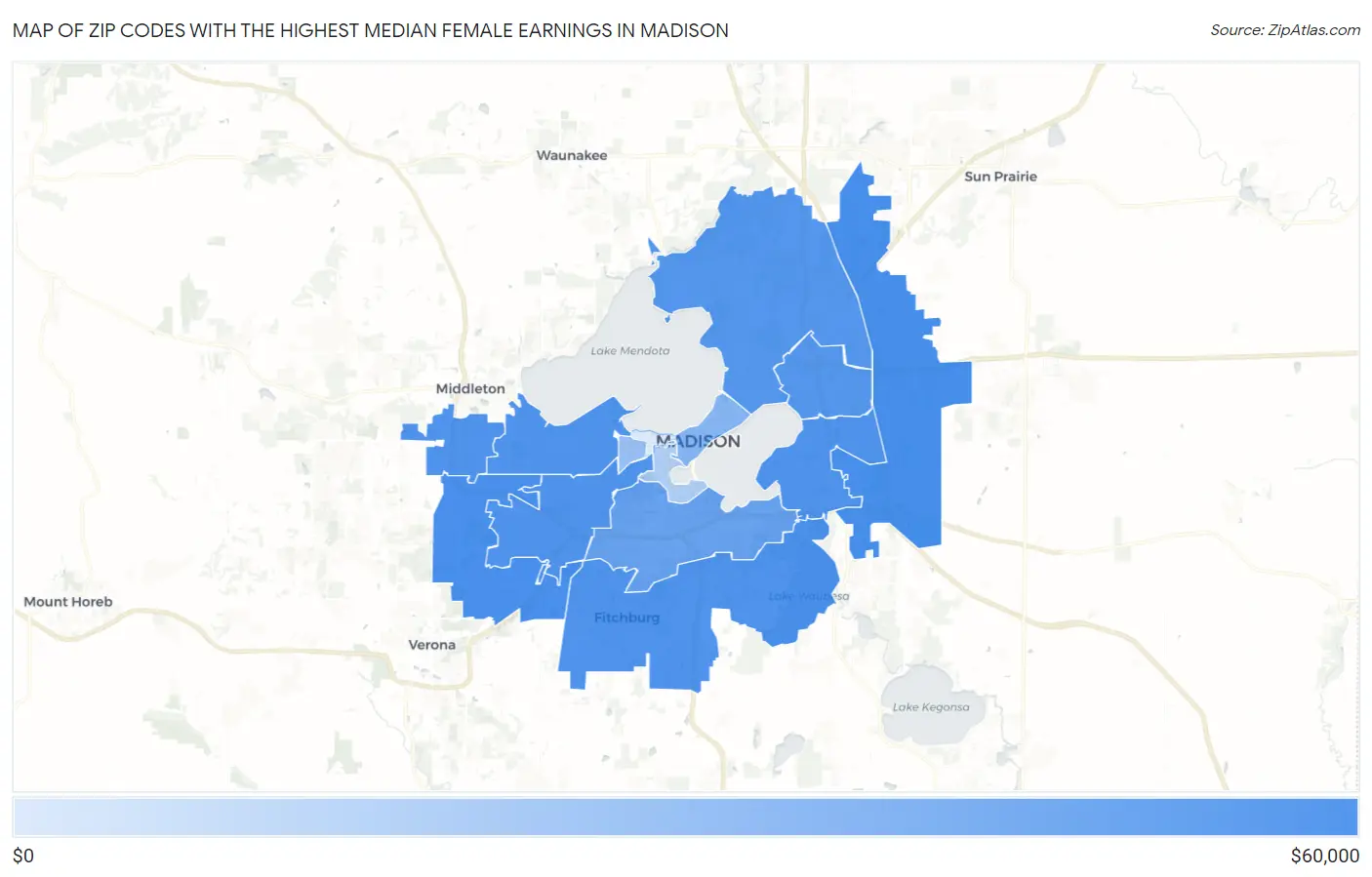 Zip Codes with the Highest Median Female Earnings in Madison Map
