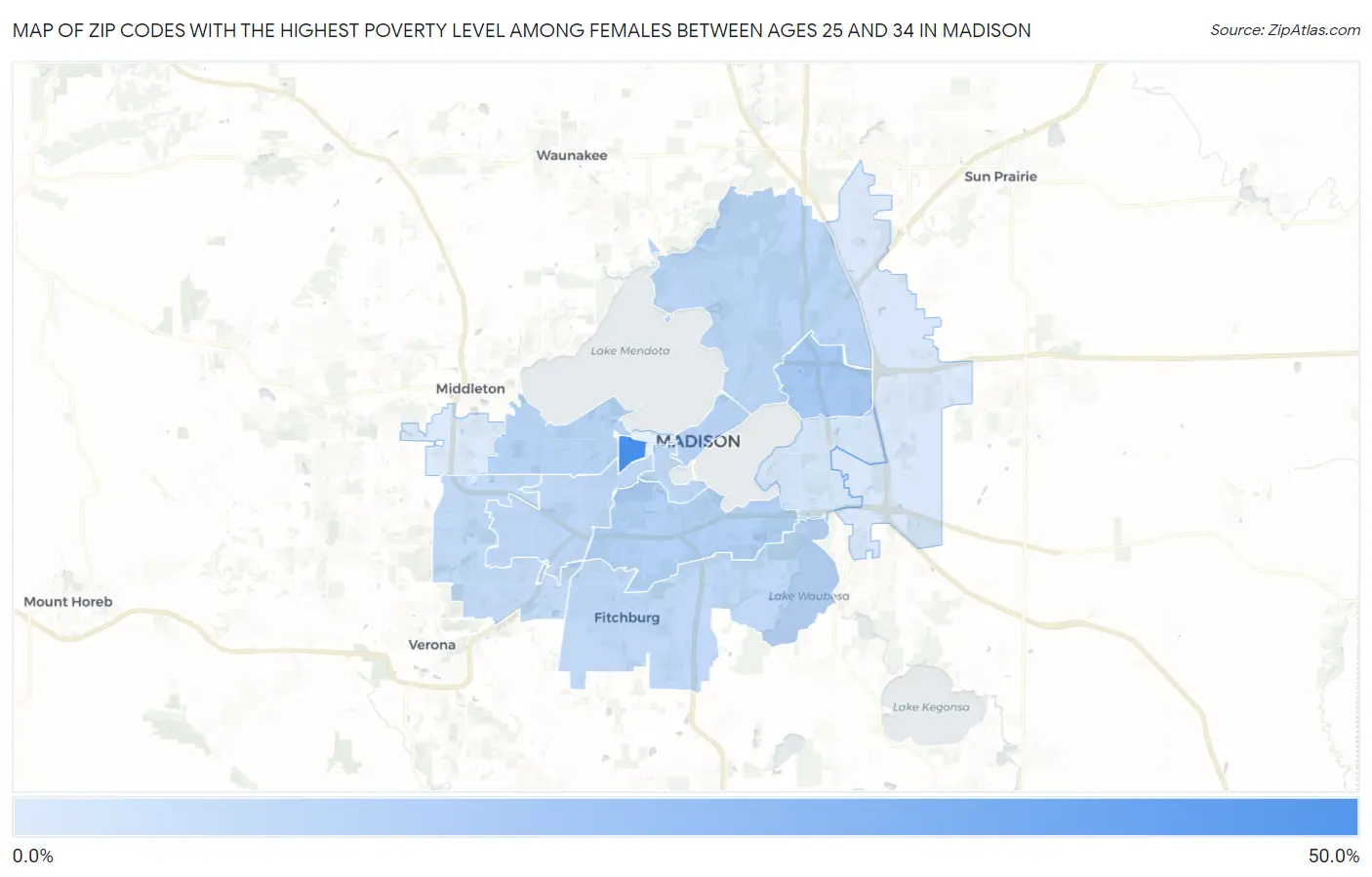 Zip Codes with the Highest Poverty Level Among Females Between Ages 25 and 34 in Madison Map