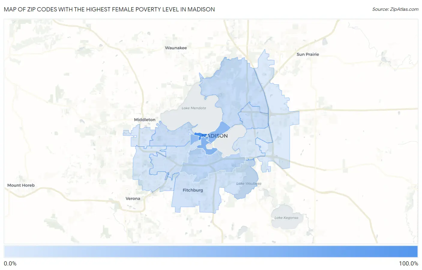 Zip Codes with the Highest Female Poverty Level in Madison Map