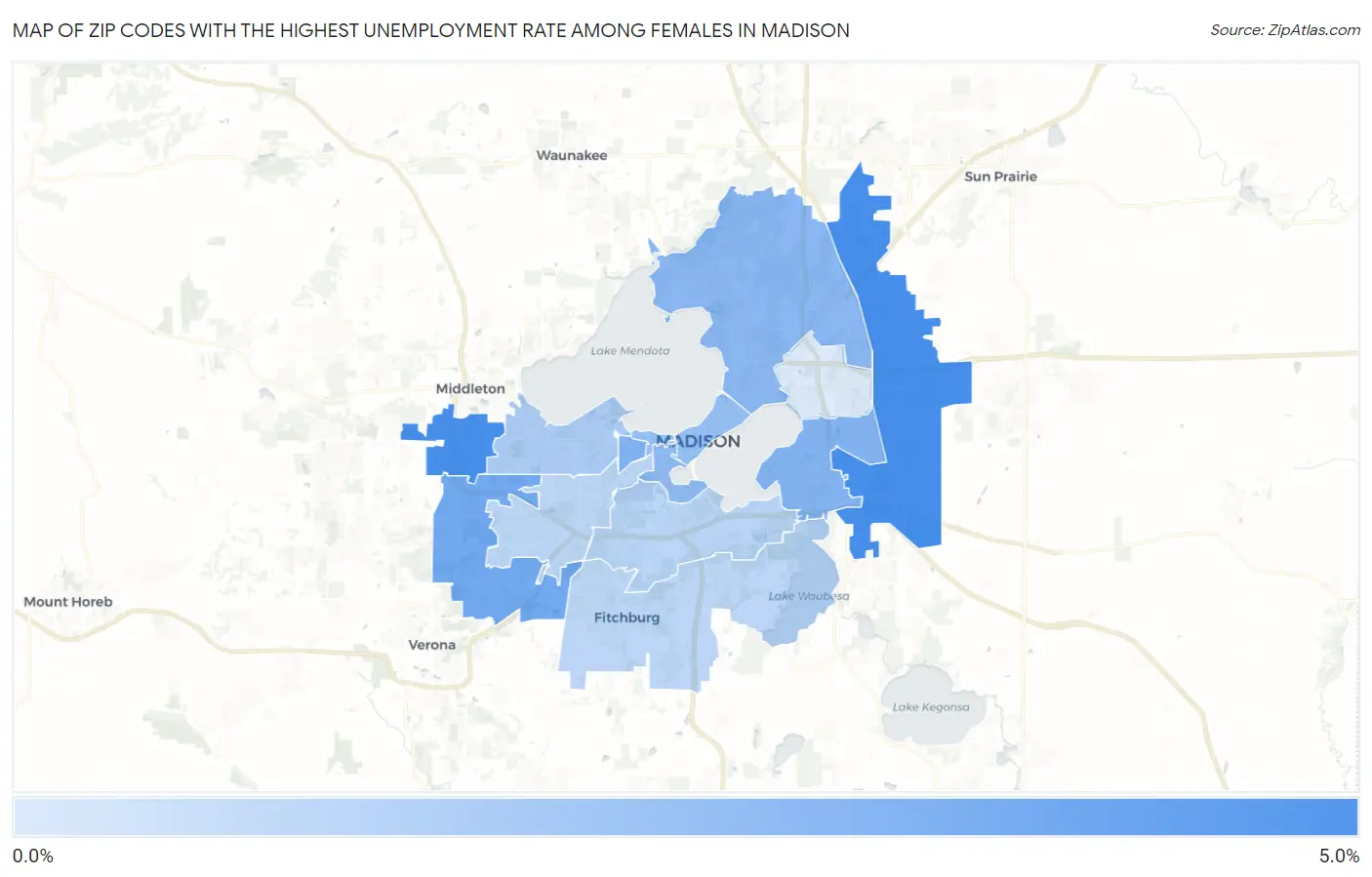 Zip Codes with the Highest Unemployment Rate Among Females in Madison Map