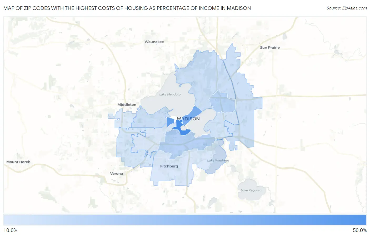 Zip Codes with the Highest Costs of Housing as Percentage of Income in Madison Map