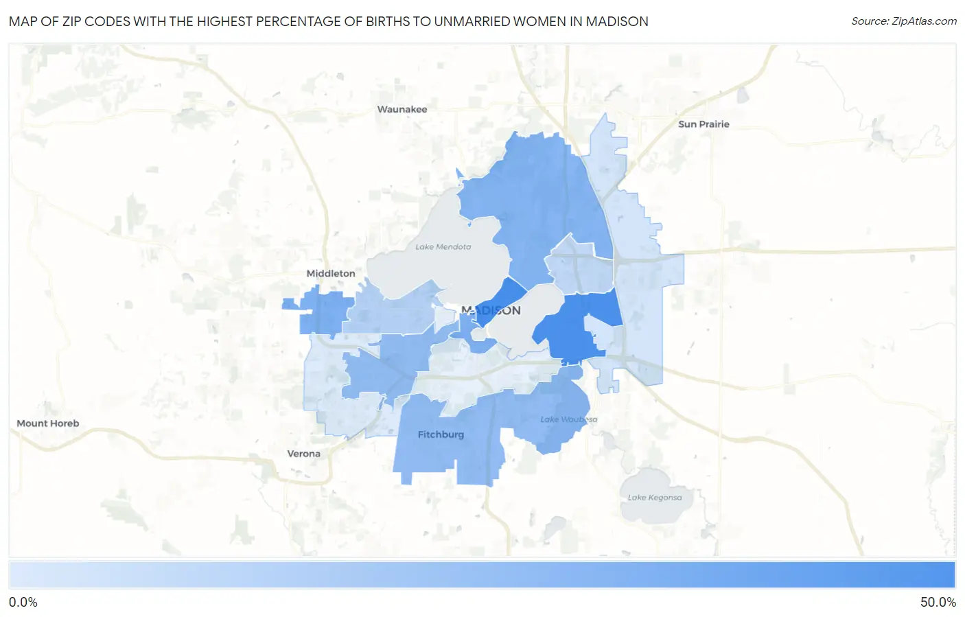 Zip Codes with the Highest Percentage of Births to Unmarried Women in Madison Map