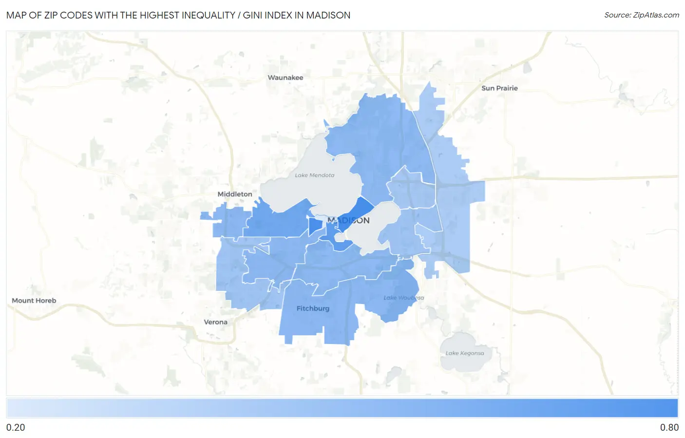 Zip Codes with the Highest Inequality / Gini Index in Madison Map