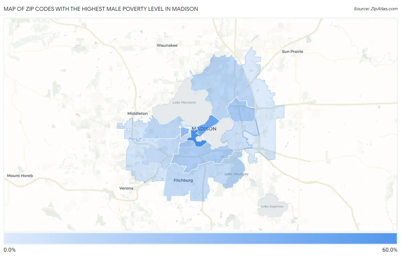 Zip Codes with the Highest Male Poverty Level in Madison Map