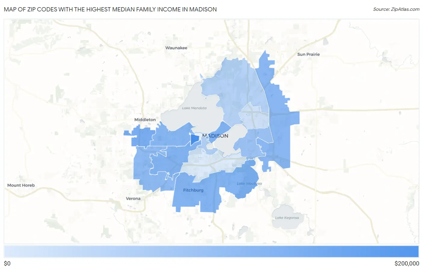 Zip Codes with the Highest Median Family Income in Madison Map
