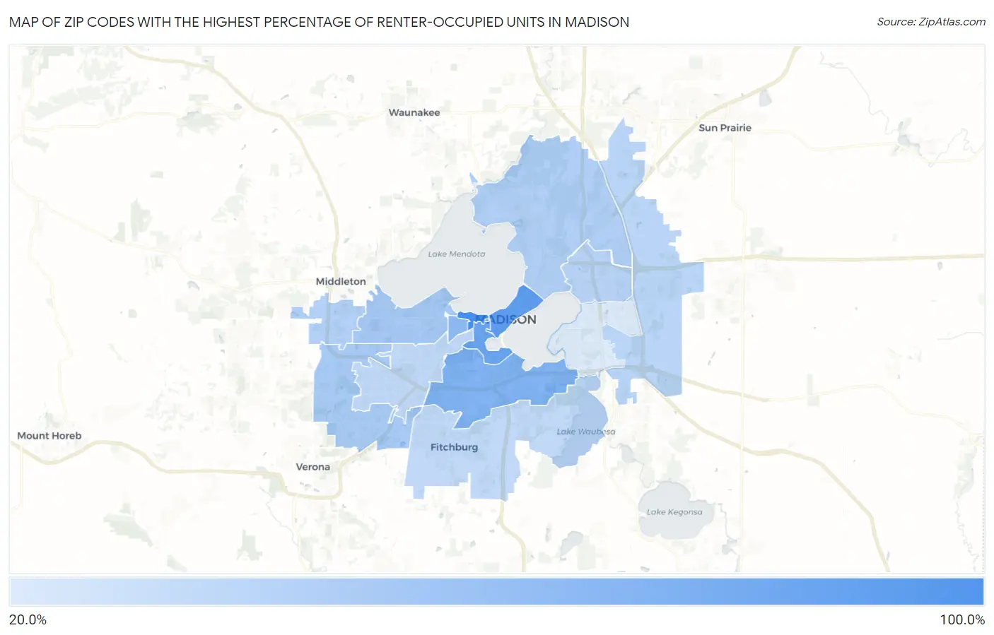 Zip Codes with the Highest Percentage of Renter-Occupied Units in Madison Map