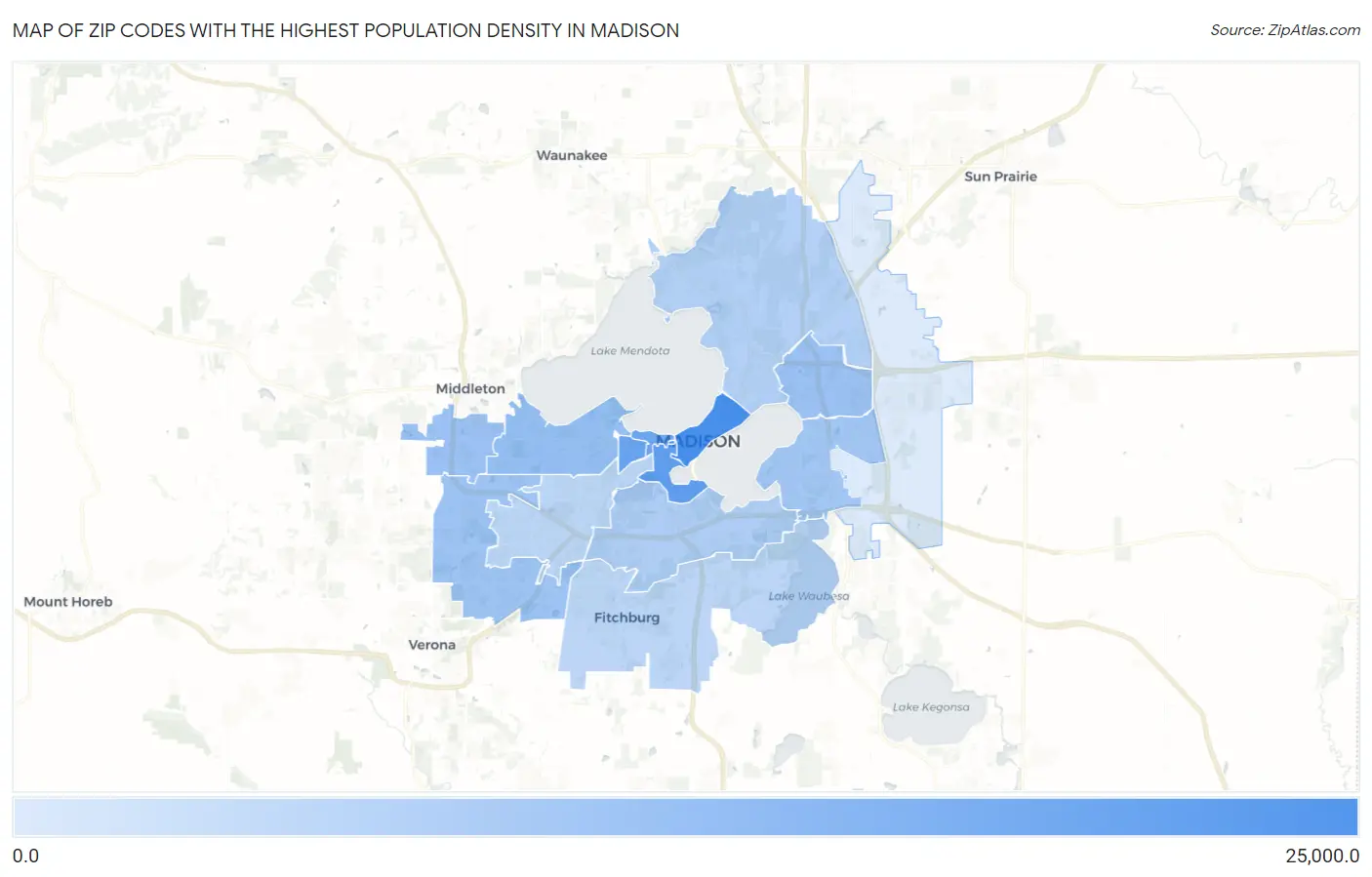 Zip Codes with the Highest Population Density in Madison Map