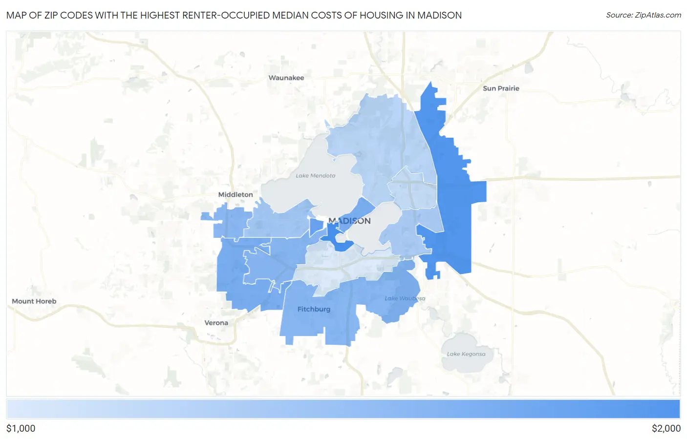 Zip Codes with the Highest Renter-Occupied Median Costs of Housing in Madison Map