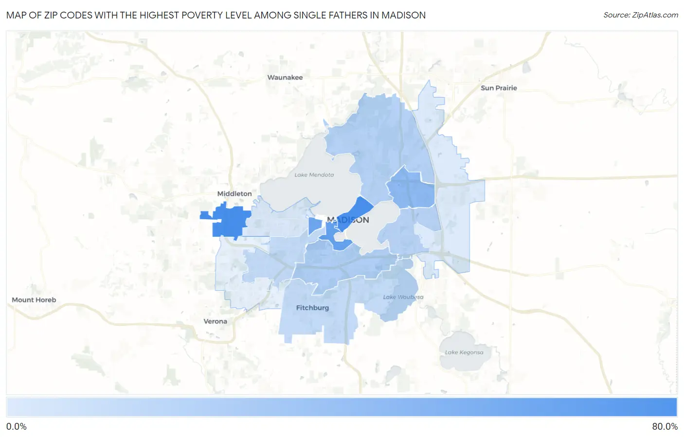 Zip Codes with the Highest Poverty Level Among Single Fathers in Madison Map