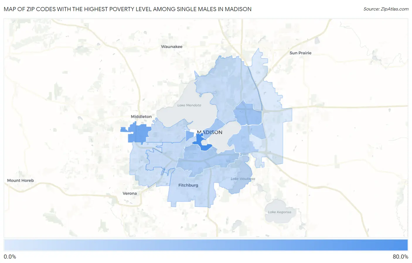 Zip Codes with the Highest Poverty Level Among Single Males in Madison Map