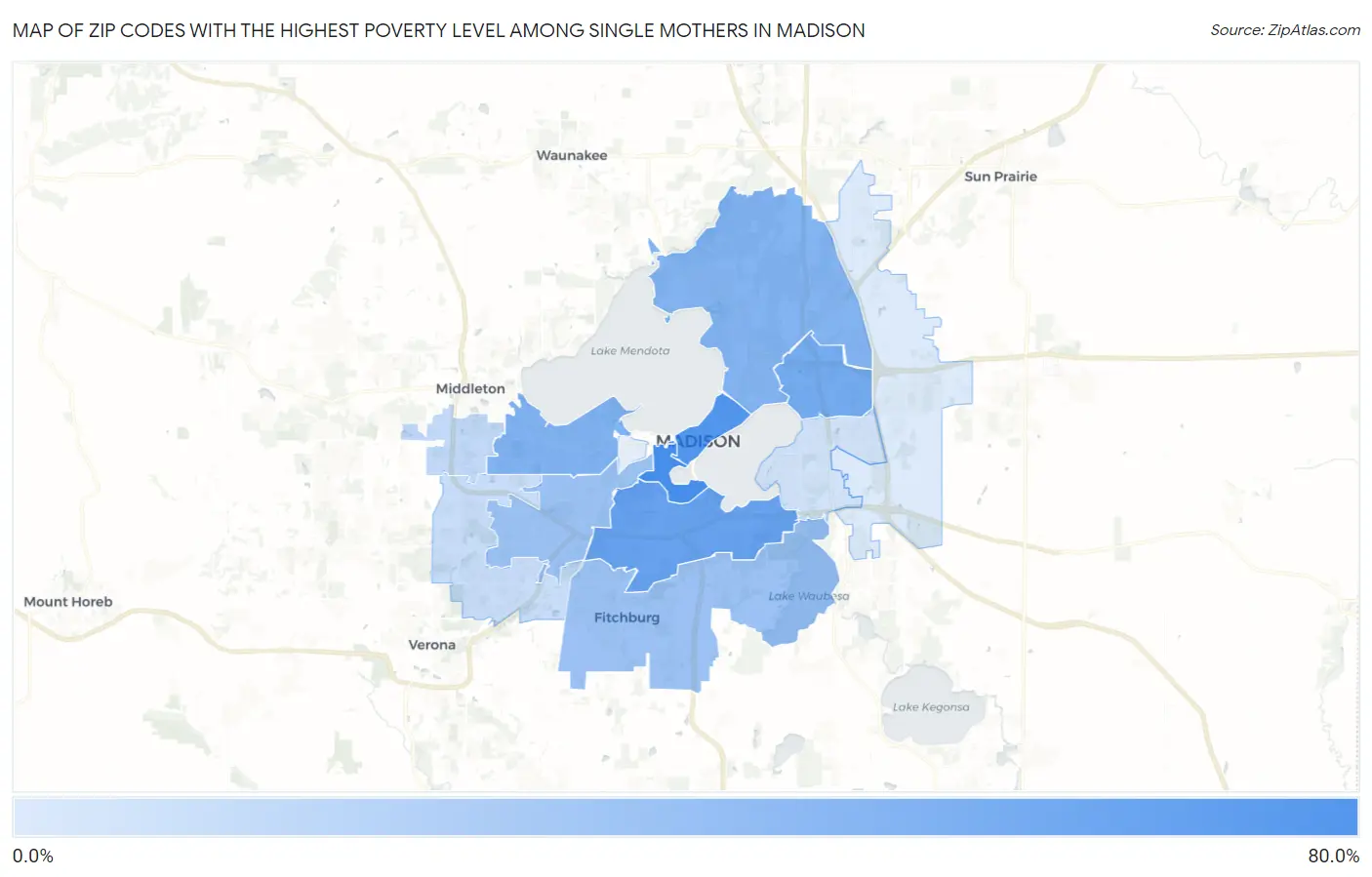 Zip Codes with the Highest Poverty Level Among Single Mothers in Madison Map