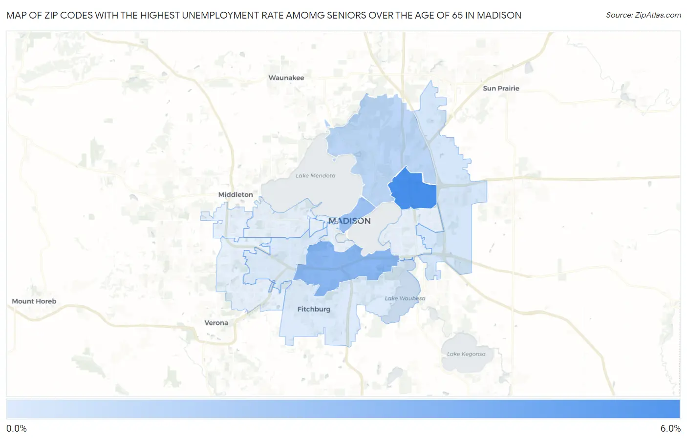 Zip Codes with the Highest Unemployment Rate Amomg Seniors Over the Age of 65 in Madison Map