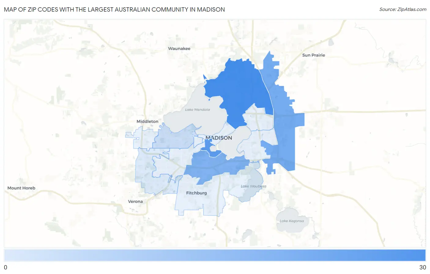 Zip Codes with the Largest Australian Community in Madison Map