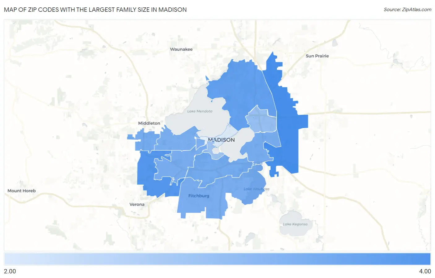 Zip Codes with the Largest Family Size in Madison Map
