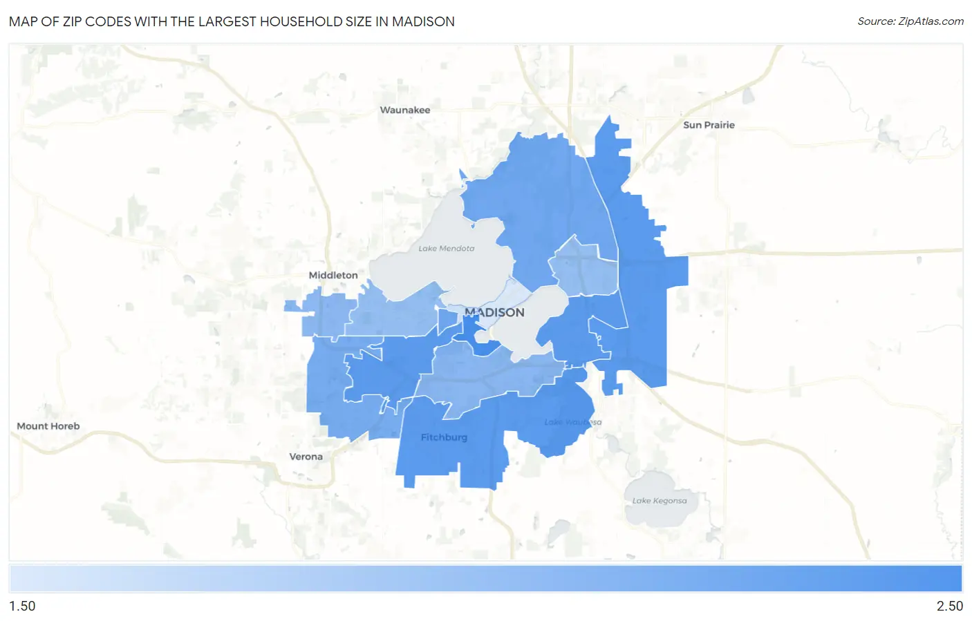 Zip Codes with the Largest Household Size in Madison Map