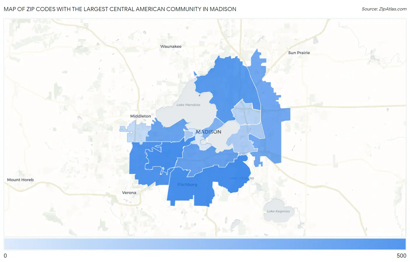 Zip Codes with the Largest Central American Community in Madison Map