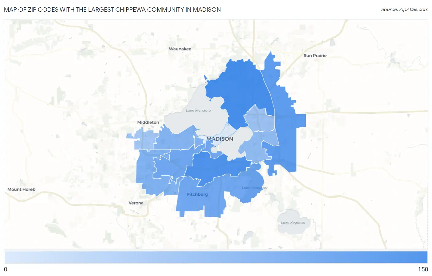 Zip Codes with the Largest Chippewa Community in Madison Map