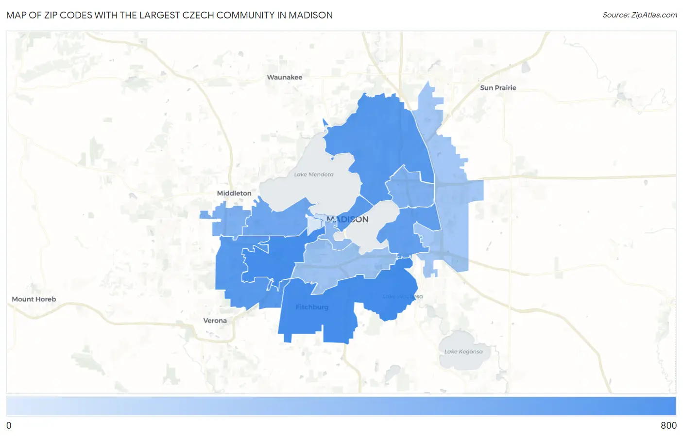 Zip Codes with the Largest Czech Community in Madison Map