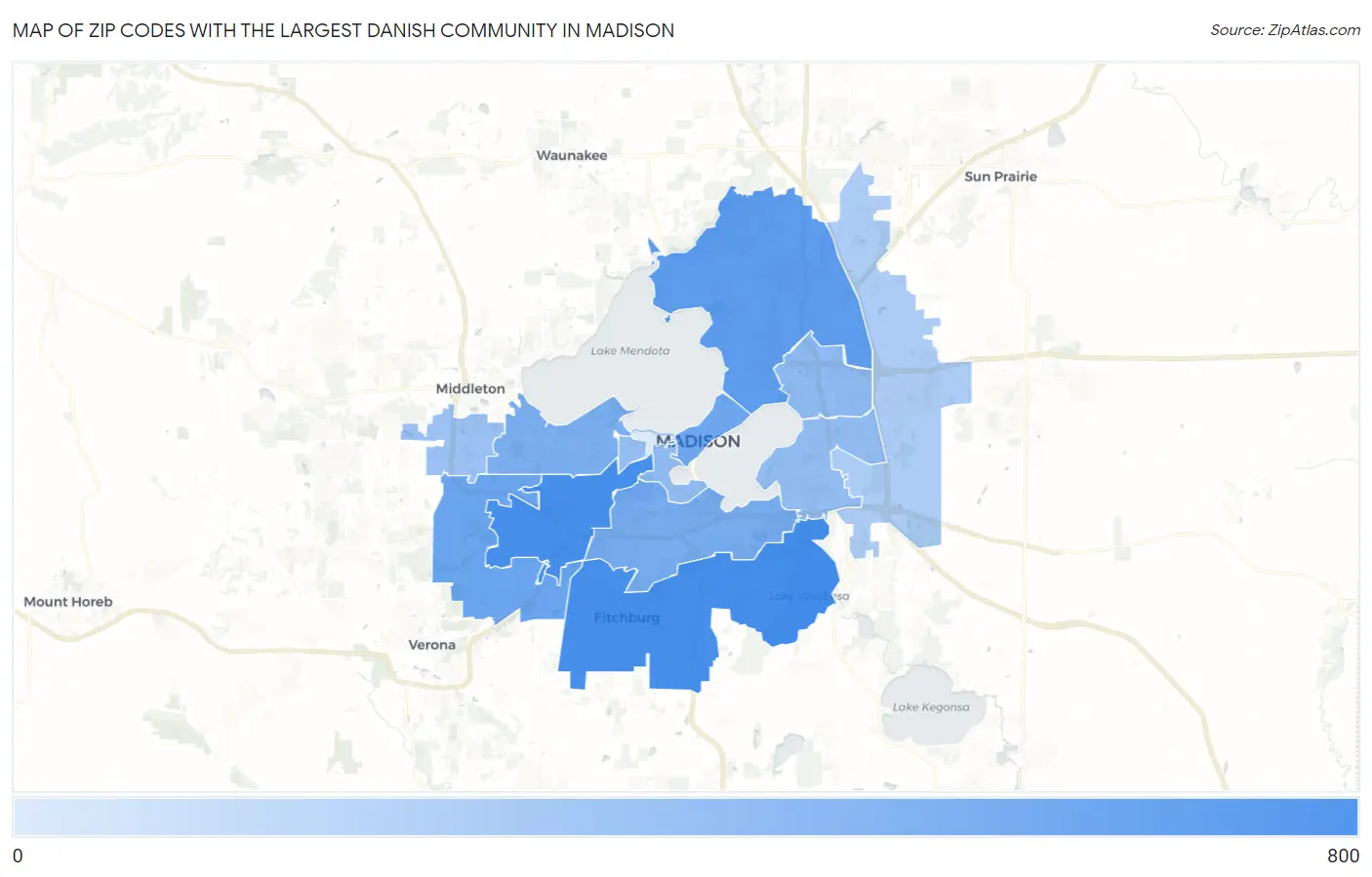 Zip Codes with the Largest Danish Community in Madison Map