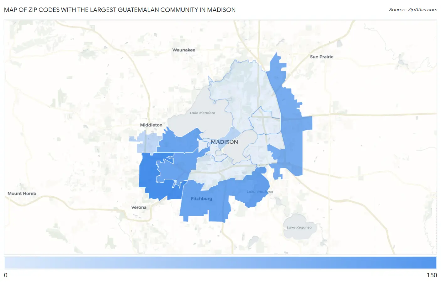 Zip Codes with the Largest Guatemalan Community in Madison Map