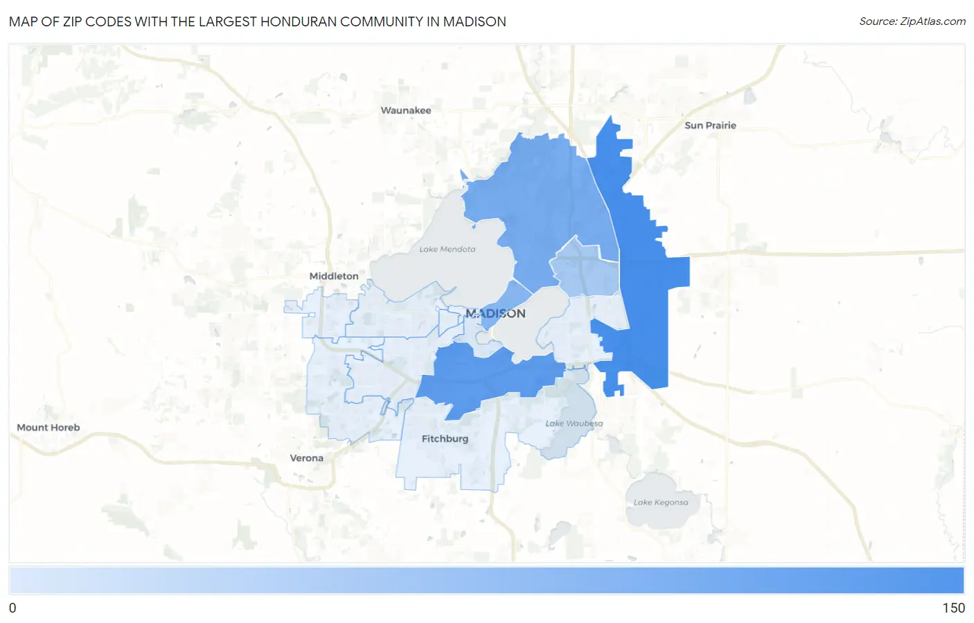 Zip Codes with the Largest Honduran Community in Madison Map