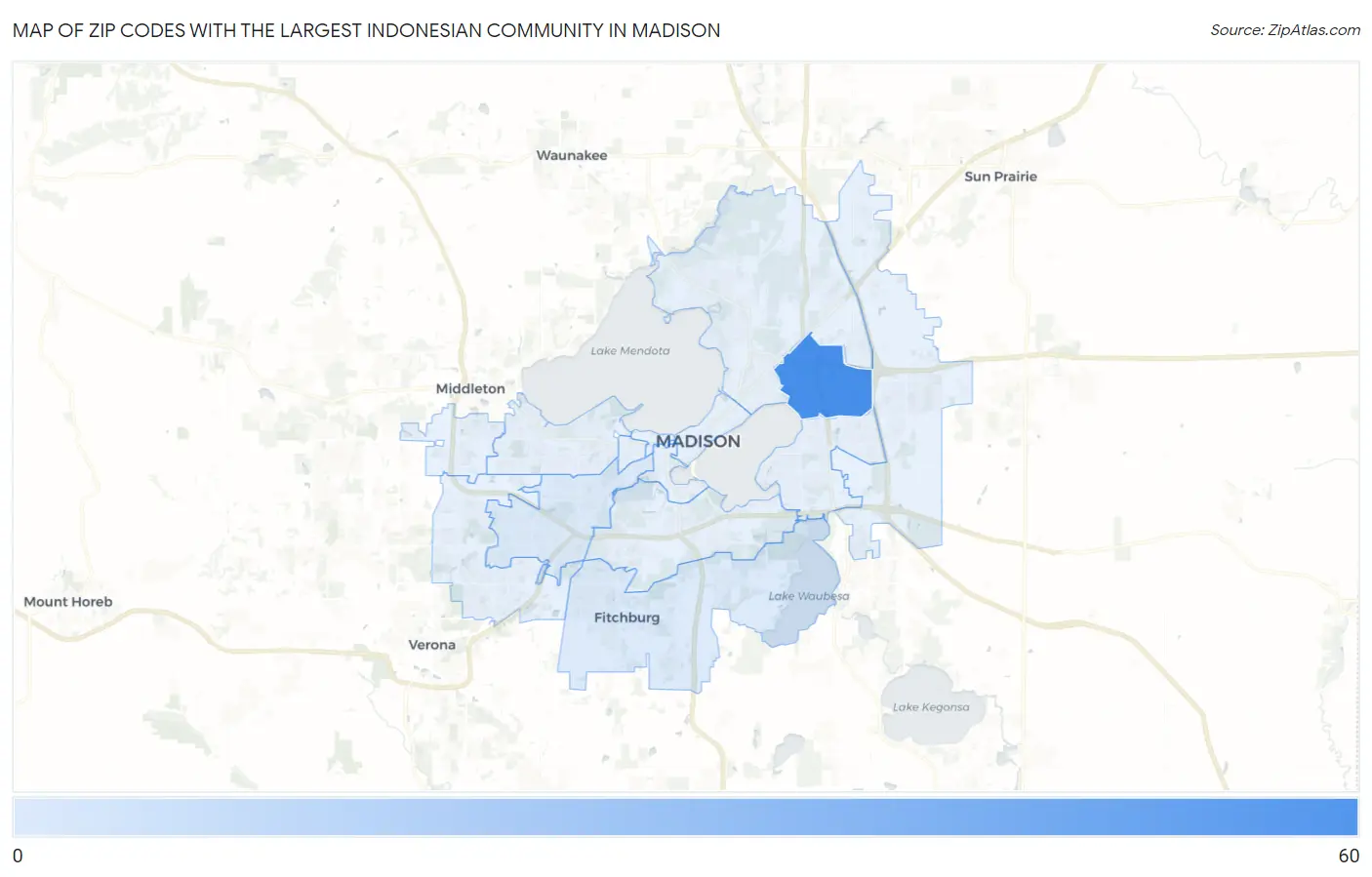 Zip Codes with the Largest Indonesian Community in Madison Map
